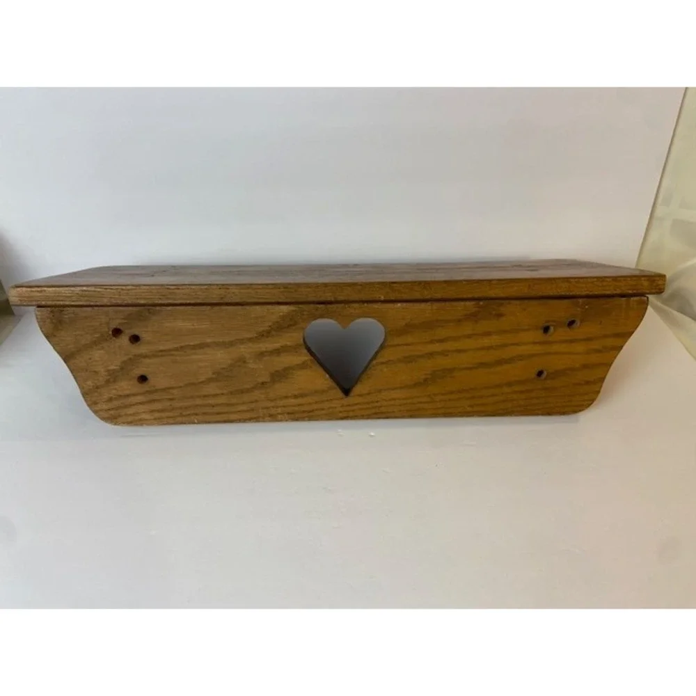 Vintage Wooden Heart Cutout Wall Shelf with Hanging Pegs Medium Oak Cottagecore